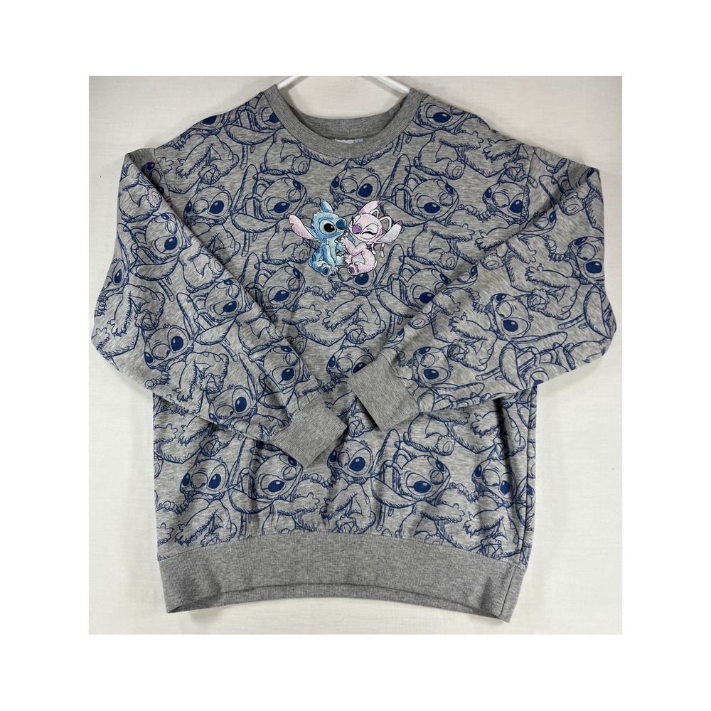 Disney Lilo & Stitch All Over Print Sweatshirt Gray Embroidered Stitch Angel L